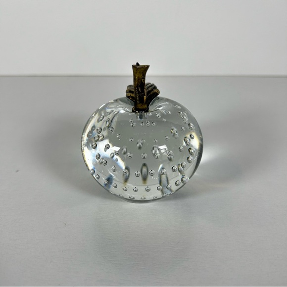Clear Glass Apple Paperweight W/Brass Stem & Leaf Controlled Bubbles Vintage - Picture 2 of 6